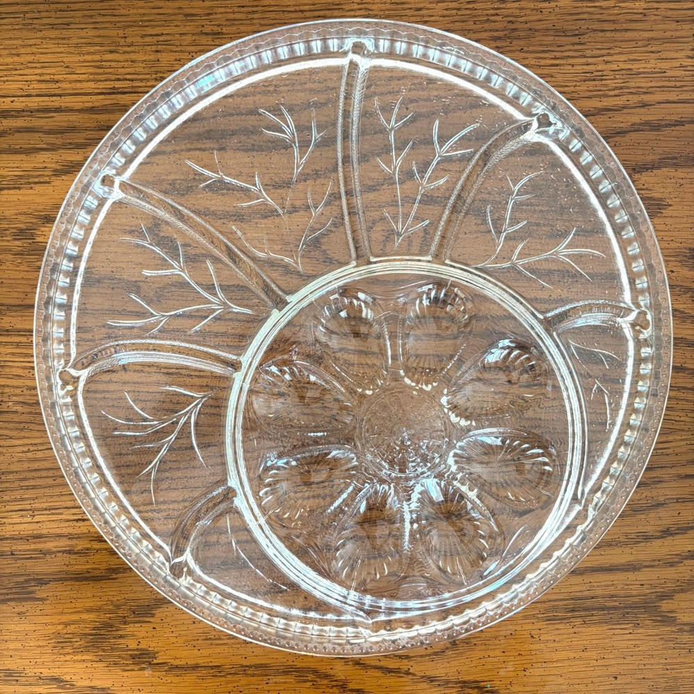 Vintage Clear Glass Divided Deviled Egg Serving Platter Wheat Pattern 12.5in